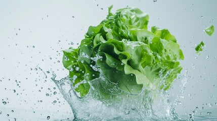 A splash of water is depicted hitting a head of lettuce, which appears to be floating in mid-air against a white background