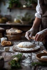 Person kneading dough covered in flour in cozy rustic kitchen, bread making concept