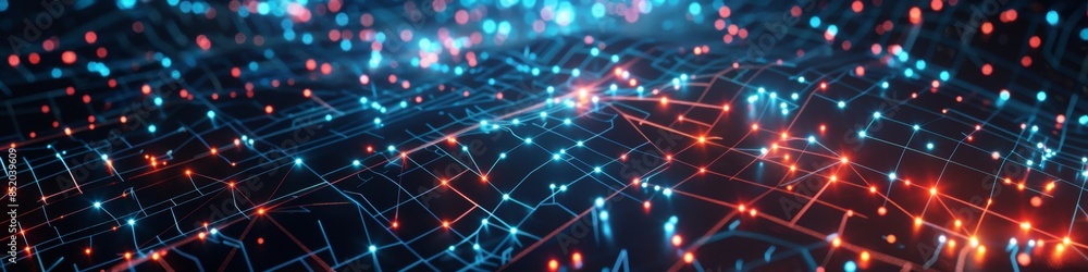 Poster broken grid connections on a dark, abstract background, with neon highlights adding a futuristic and