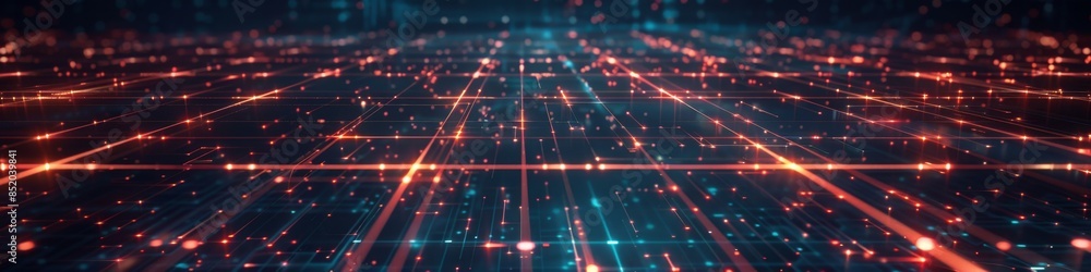 Poster dark background with broken grid connections, illuminated by scattered neon lights, emphasizing the 