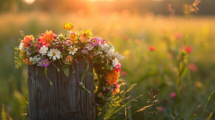 A vibrant floral crown adorns a rustic wooden post set against the backdrop of a sun kissed meadow capturing the essence of Summer Solstice Day and the Midsummer holiday known as Litha This