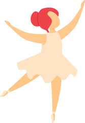 Female ballet dancer performing, red hair, beige dress, graceful pose, isolated white background. Ballerina practicing dance, elegance, ballet footwear, balance, flat style illustration. Young woman
