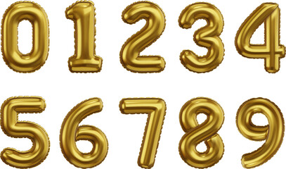 set of golden number balloons. collection of isolated gold helium balloons. realistic illustration