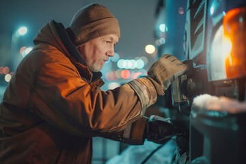 Elderly man in winter clothes working on machinery at night, winter work concept