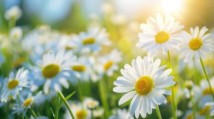 Fototapeta premium Close up of Chamomile blossoms in a vast daisy filled field showcasing agriculture and the growth of beneficial healing plants