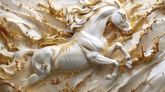 Golden Horse Splash Art Abstract Fluid Motion Dynamic Sculpture. Mural, wallpaper and background gold horse. High quality AI generated image