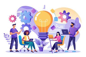 Finding solution concept with people scene in flat design. Woman and man discuss, brainstorm and generate new ideas with project innovations. Vector illustration, white background