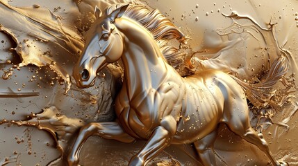 Golden Horse Splash Art Abstract Fluid Motion Dynamic Sculpture. Mural, wallpaper and background gold horse. High quality AI generated image