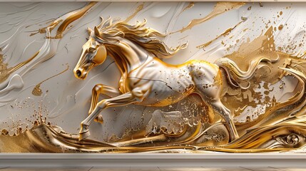 Golden Horse Splash Art Abstract Fluid Motion Dynamic Sculpture. Mural, wallpaper and background gold horse. High quality AI generated image