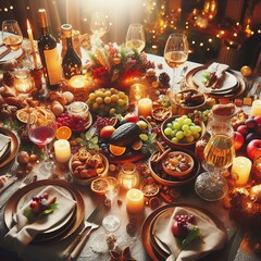 A beautifully set holiday dinner table adorned with an assortment of fruits, nuts, and festive decorations. The warm glow of candles and twinkling lights creates a cozy and inviting atmosphere