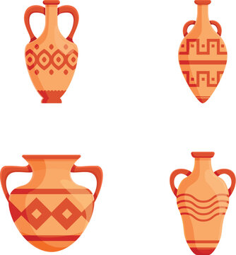 Roman vase icons set cartoon vector. Ancient greek or roman ceramic. Archaeological artifact