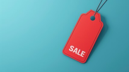 Red sale tag on blue background