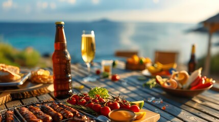 Showcase a barbecue scene with grilled food, condiments, and a chilled bottle of beer on the wooden table. The blurred sea serves as a backdrop, highlighting the outdoor summer gathering. 