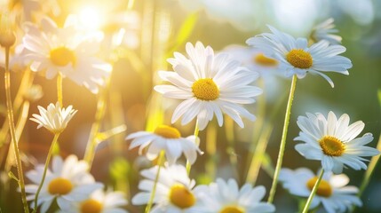 Fototapeta premium Wildflowers in white and yellow colors basking in the sunlight