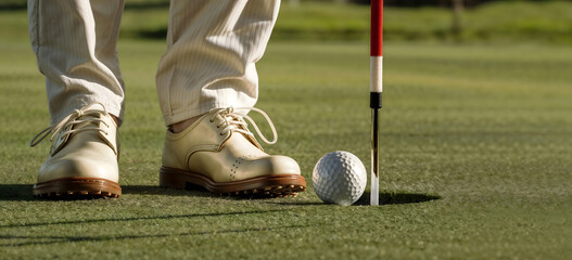 A man is standing on a green golf course with his feet in white socks and white shoes. He is holding a golf club and is about to hit a golf ball