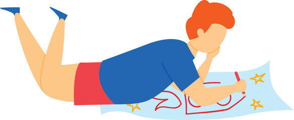 Young boy drawing stars paper while lying down, casual clothing, creative activity, playful mood. Child enjoys arts crafts, coloring crayon, developing imagination, isolated white background