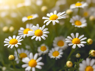 Obraz premium White chamomiles summer field, floral close up view horizontal background