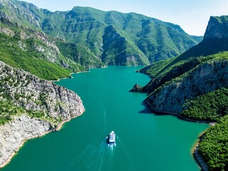 Aerial image of Komani Lake in Shkoder northern Albania 