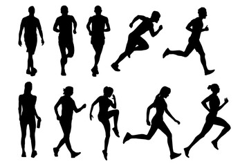 set of running , marathon, jogging silhouettes, man and women,  isolated on transparent background, suitable for sport template design