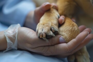 A veterinarian gently holds a dogs paw in their hands, showing a close-up view of the paws details