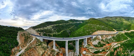 Aerial image of a bridge on the bypass build around the city of Vlore in southern Albania. 