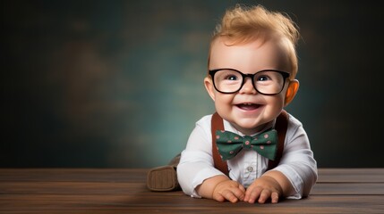 Young child impersonates teacher, stands by small chalkboard wearing glasses for role playing