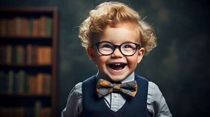 Young child role playing as teacher with glasses at small chalkboard in educational setting