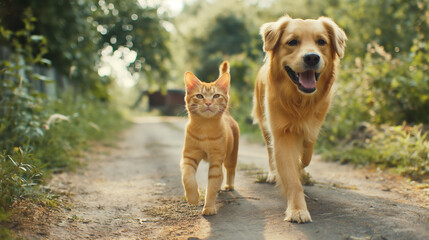 Naklejka premium A red cat and a dog walk side by side along a path in a summer park. They smile and look friendly.