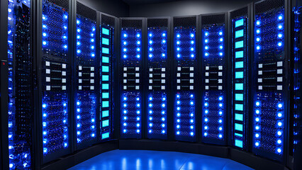 Obraz premium Modern Rack LED Console in Server Room Data Center