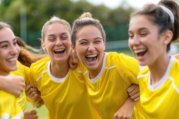 Fototapeta premium Group of young female soccer players celebrating victory 