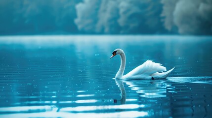 Majestic wild swan gliding on the lake s blue water