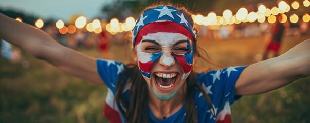 Excited young woman with usa flag face paint celebrating with arms wide open at an outdoor festival