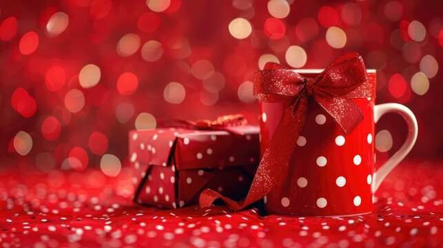 A vibrant and joyful gift idea for Valentine s Day Christmas birthdays or Mother s Day is a red polka dot mug and matching red gift adorned with a polka dot ribbon all set against a cheerfu
