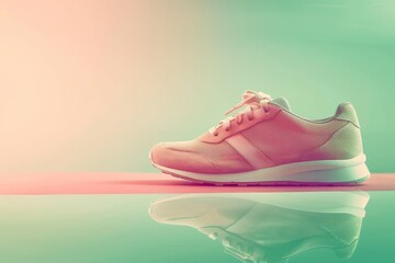 ultrarealistic photograph of a sneakers on a pastel pink surface, against a pastel green background. The pink and green colors reflects on a sneakers surface.