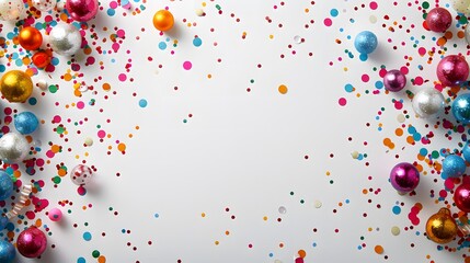 Colorful confetti and baubles scattered on a white background. Studio photography with copy space. Celebration and festive concept. Design for poster, print, banner, greeting card, invitation.
