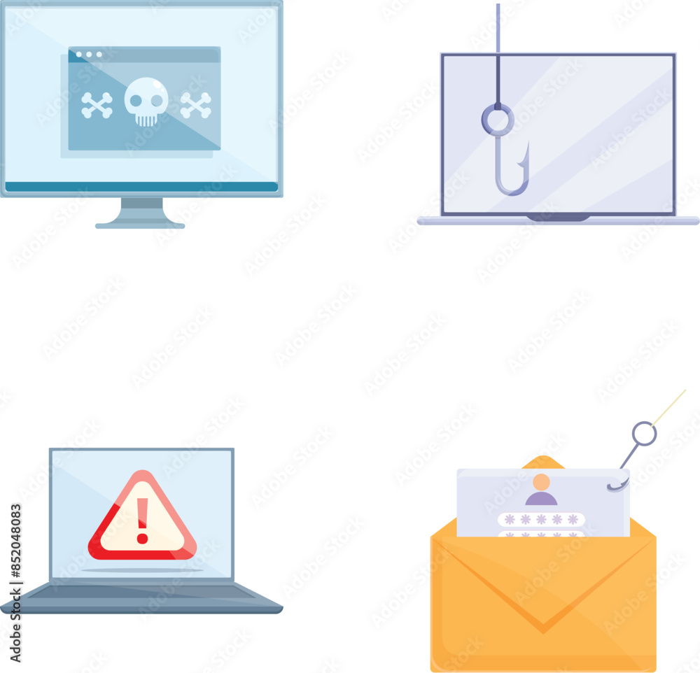 Poster hacker activity icons set cartoon vector. email virus, malware and cyber attack. cybersecurity conce