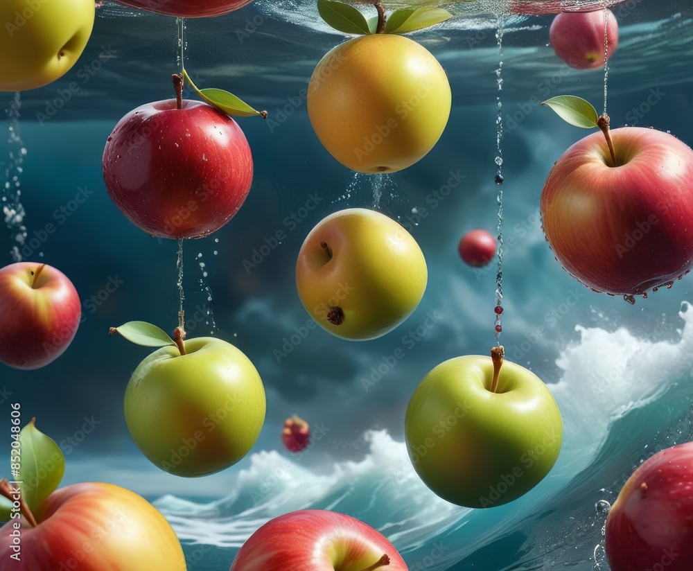 Aufkleber high-resolution image of various colored apples submerged in water, surrounded by bubbles. the compo