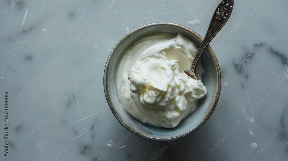 Sticker tasty yogurt served in a bowl with a spoon on a light gray table seen from above