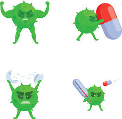 Medication resistance icons set cartoon vector. Wicked bacteria defeating drug. Threat of weak immunity