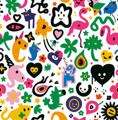 ditsy print with small two color icons in bright colors icons include a cute unicorn head in pink , a four leaf clover in green, a heart in red, a third eye in black, a happy face in yellow