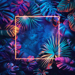 Background with a Orange neon frame with leafy background 