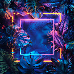 Background with a Two neon frames, one pink and blue and the other orange with a background of tropical leaves. 