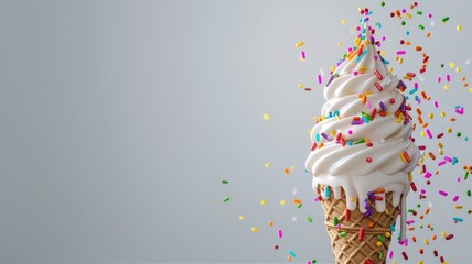Swirled ice cream cone with rainbow sprinkles against grey background