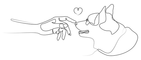 Linear drawing of a corgi and a human hand. Dog is human best friend. Cute dog face, side view. Pet tattoo. The female hand touches the nose of the dog