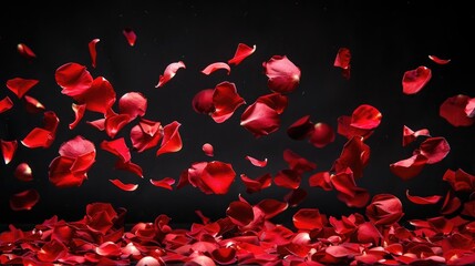 A captivating photograph capturing the elegance of falling rose petals against a striking black backdrop perfect for evoking feelings of love romance and the enchantment of Valentine s Day