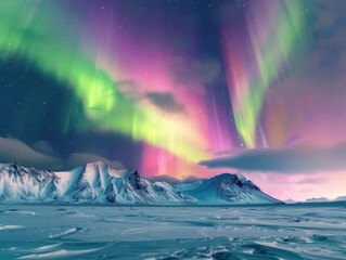 Naklejka premium ultrarealistic photograph of a A mesmerizing display of the Northern Lights dancing across the night sky, casting vibrant colors and shimmering light over snow-covered mountains in an icy landscape
