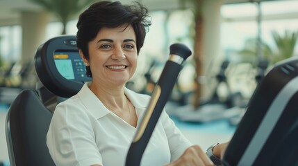Fototapeta premium Middle aged woman engaging in fitness exercises at the gym for improved health and well being