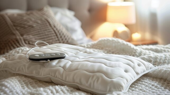 Close up of electric heating pad with controller on white blanket in bedroom