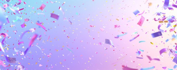 Colorful confetti falling on pastel gradient background. Celebration and party concept