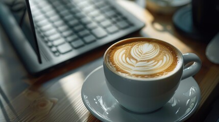 Desk with cappuccino latte on keypad reminder just above